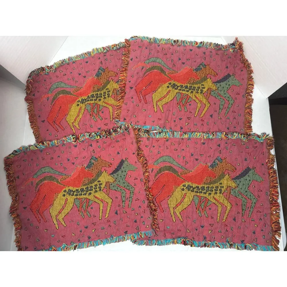 4 Vintage Laurel Burch placemants folk art wild painted horses elk canyon mares